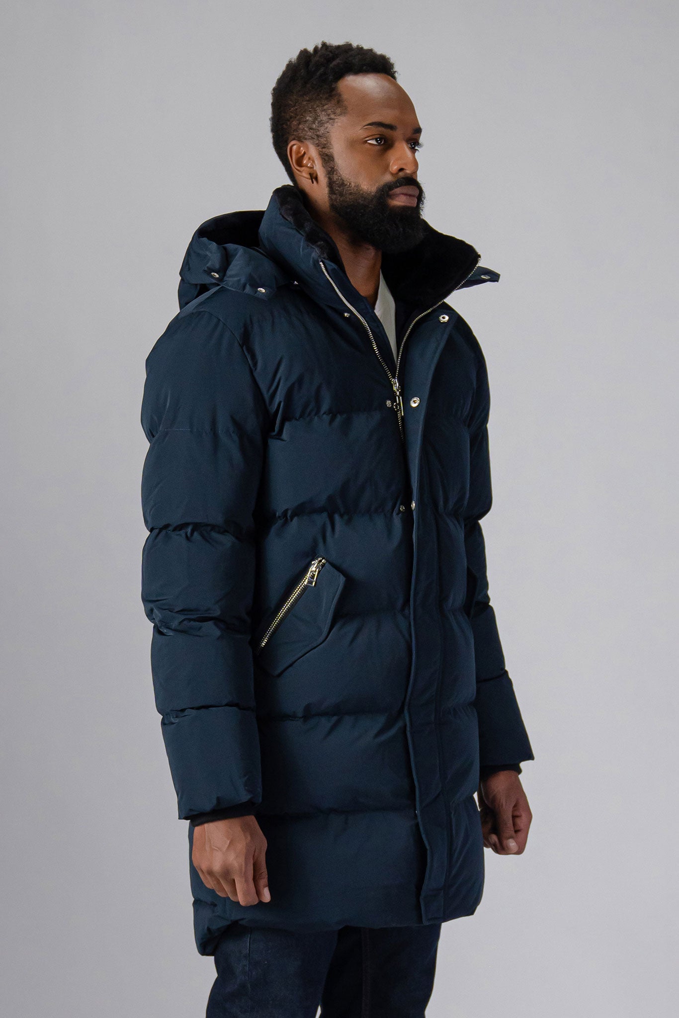 Woodpecker Men's Penguin Long Winter coat. High-end Canadian designer winter coat for men in “Matte Navy