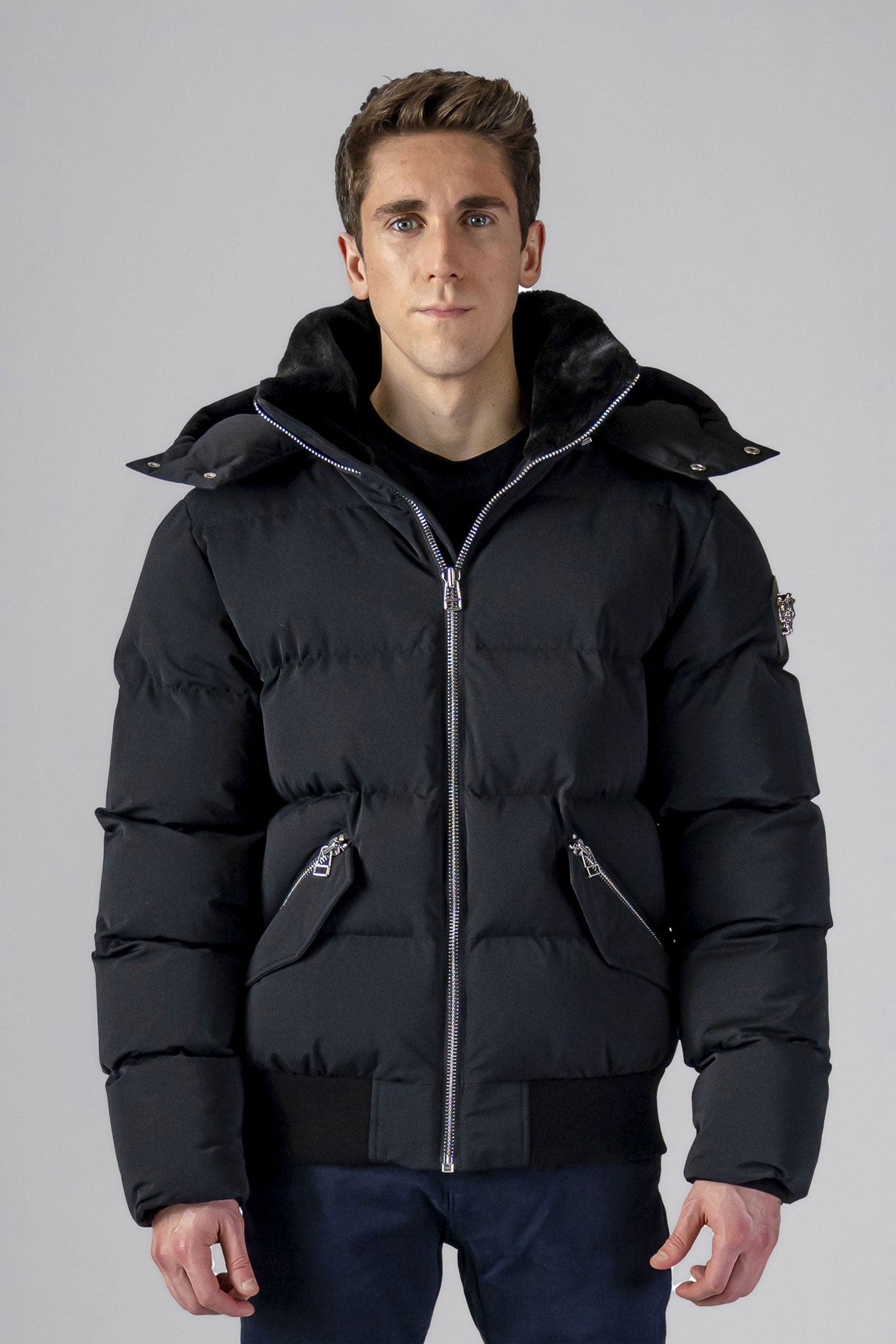Woodpecker Men's Woody Bomber Winter coat. High-end Canadian designer winter coat for men in “Matte Black
