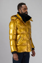 Load image into Gallery viewer, High-end Canadian designer winter coat for men in &quot;Gold&quot; colour. Woodpecker cruelty-free winter coat designed in Canada. Men&#39;s heavy weight medium length premium designer jacket for winter. Superior quality warm winter coat for men. Moose Knuckles, Canada Goose, Mackage, Montcler, Will Poho, Willbird, Nic Bayley. Shiny parka. Stylish winter jacket. Designer winter coat.

