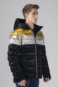 High-end Canadian designer winter coat for men in "Firebird" colour. Woodpecker cruelty-free winter coat designed in Canada. Men's medium weight medium length premium designer jacket for winter. Superior quality warm winter coat for men. Moose Knuckles, Canada Goose, Mackage, Montcler, Will Poho, Willbird, Nic Bayley. Shiny parka. Stylish winter jacket. Designer winter coat.
