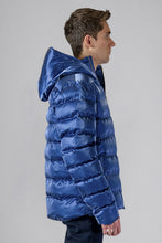 Load image into Gallery viewer, High-end Canadian designer winter coat for men in &quot;Flash Blue&quot; colour. Woodpecker cruelty-free winter coat designed in Canada. Men&#39;s medium weight medium length premium designer jacket for winter. Superior quality warm winter coat for men. Moose Knuckles, Canada Goose, Mackage, Montcler, Will Poho, Willbird, Nic Bayley. Shiny parka. Stylish winter jacket. Designer winter coat.
