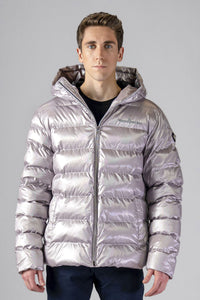 High-end Canadian designer winter coat for men in "Pearl Grey" colour. Woodpecker cruelty-free winter coat designed in Canada. Men's medium weight medium length premium designer jacket for winter. Superior quality warm winter coat for men. Moose Knuckles, Canada Goose, Mackage, Montcler, Will Poho, Willbird, Nic Bayley. Shiny parka. Stylish winter jacket. Designer winter coat.