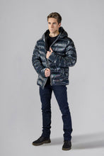 Load image into Gallery viewer, High-end Canadian designer winter coat for men in &quot;Raven Black&quot; colour. Woodpecker cruelty-free winter coat designed in Canada. Men&#39;s medium weight medium length premium designer jacket for winter. Superior quality warm winter coat for men. Moose Knuckles, Canada Goose, Mackage, Montcler, Will Poho, Willbird, Nic Bayley. Shiny parka. Stylish winter jacket. Designer winter coat.
