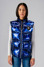 Load image into Gallery viewer, Woodpecker Unisex Winter Vest. High-end Canadian designer winter vest in &quot;Oily Blue&quot; colour. Woodpecker cruelty-free vest designed in Canada. Heavy weight short length premium designer vest for winter. Superior quality warm winter vest. Moose Knuckles, Canada Goose, Mackage, Montcler, Will Poho, Willbird, Nic Bayley. Extra warm. Shiny vest. Stylish winter vest. Designer winter vest.
