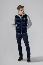 Load image into Gallery viewer, Woodpecker Unisex Winter Vest. High-end Canadian designer winter vest in &quot;All Wet Navy&quot; colour. Woodpecker cruelty-free vest designed in Canada. Heavy weight short length premium designer vest for winter. Superior quality warm winter vest. Moose Knuckles, Canada Goose, Mackage, Montcler, Will Poho, Willbird, Nic Bayley. Extra warm. Shiny vest. Stylish winter vest. Designer winter vest.
