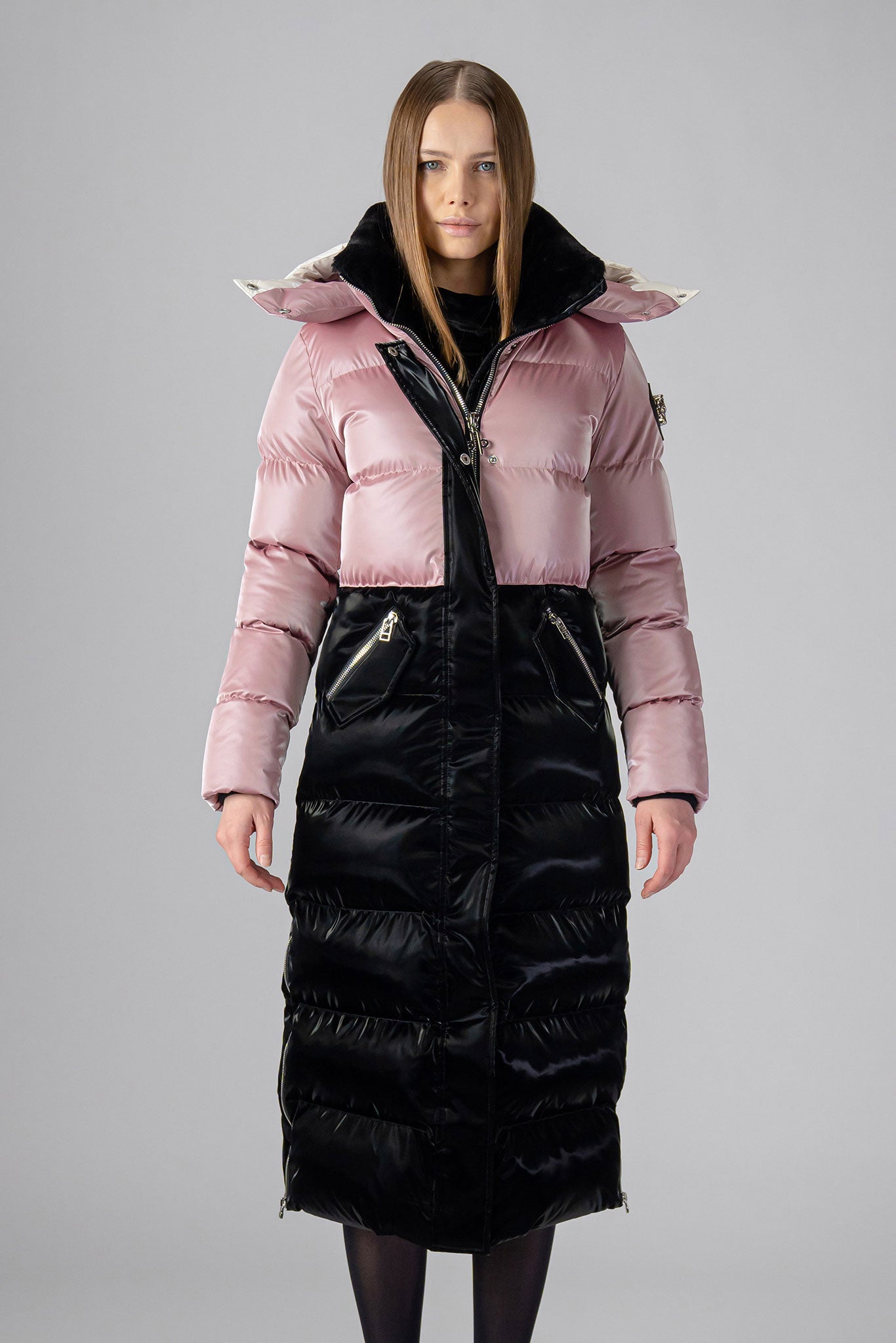 Woodpecker Women's Extra Long Bird of Paradise Winter coat. High-end Canadian designer winter coat for women in “Arctic Rose and Black