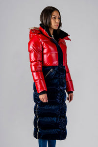 Woodpecker Women's Extra Long Bird of Paradise Winter coat. High-end Canadian designer winter coat for women in “Red White and Blue" colour. Woodpecker cruelty-free winter coat designed in Canada. Women's heavy weight extra long length premium designer jacket for winter. Superior quality warm winter coat for women. Moose Knuckles, Canada Goose, Mackage, Montcler, Will Poho, Willbird, Nic Bayley. Extra warm. Shiny parka. Stylish winter jacket. Designer winter coat.