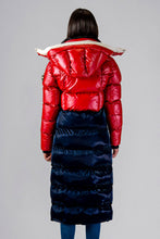 Load image into Gallery viewer, Woodpecker Women&#39;s Extra Long Bird of Paradise Winter coat. High-end Canadian designer winter coat for women in “Red White and Blue&quot; colour. Woodpecker cruelty-free winter coat designed in Canada. Women&#39;s heavy weight extra long length premium designer jacket for winter. Superior quality warm winter coat for women. Moose Knuckles, Canada Goose, Mackage, Montcler, Will Poho, Willbird, Nic Bayley. Extra warm. Shiny parka. Stylish winter jacket. Designer winter coat.
