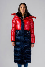 Load image into Gallery viewer, Woodpecker Women&#39;s Extra Long Bird of Paradise Winter coat. High-end Canadian designer winter coat for women in “Red White and Blue&quot; colour. Woodpecker cruelty-free winter coat designed in Canada. Women&#39;s heavy weight extra long length premium designer jacket for winter. Superior quality warm winter coat for women. Moose Knuckles, Canada Goose, Mackage, Montcler, Will Poho, Willbird, Nic Bayley. Extra warm. Shiny parka. Stylish winter jacket. Designer winter coat.
