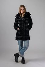 Load image into Gallery viewer, Woodpecker Women&#39;s Penguin Long Winter coat. High-end Canadian designer winter coat for women in &quot;All Wet Black&quot; colour. Woodpecker cruelty-free winter coat designed in Canada. Women&#39;s heavy weight long length premium designer jacket for winter. Superior quality warm winter coat for women. Moose Knuckles, Canada Goose, Mackage, Montcler, Will Poho, Willbird, Nic Bayley. Extra warm. Shiny parka. Stylish winter jacket. Designer winter coat.
