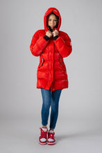 Load image into Gallery viewer, Woodpecker Women&#39;s Penguin Long Winter coat. High-end Canadian designer winter coat for women in &quot;All Wet Red&quot; colour. Woodpecker cruelty-free winter coat designed in Canada. Women&#39;s heavy weight long length premium designer jacket for winter. Superior quality warm winter coat for women. Moose Knuckles, Canada Goose, Mackage, Montcler, Will Poho, Willbird, Nic Bayley. Extra warm. Shiny parka. Stylish winter jacket. Designer winter coat.
