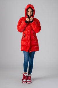 Woodpecker Women's Penguin Long Winter coat. High-end Canadian designer winter coat for women in "All Wet Red" colour. Woodpecker cruelty-free winter coat designed in Canada. Women's heavy weight long length premium designer jacket for winter. Superior quality warm winter coat for women. Moose Knuckles, Canada Goose, Mackage, Montcler, Will Poho, Willbird, Nic Bayley. Extra warm. Shiny parka. Stylish winter jacket. Designer winter coat.