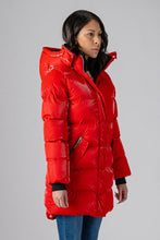 Load image into Gallery viewer, Woodpecker Women&#39;s Penguin Long Winter coat. High-end Canadian designer winter coat for women in &quot;All Wet Red&quot; colour. Woodpecker cruelty-free winter coat designed in Canada. Women&#39;s heavy weight long length premium designer jacket for winter. Superior quality warm winter coat for women. Moose Knuckles, Canada Goose, Mackage, Montcler, Will Poho, Willbird, Nic Bayley. Extra warm. Shiny parka. Stylish winter jacket. Designer winter coat.
