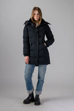 Load image into Gallery viewer, Woodpecker Women&#39;s Penguin Long Winter coat. High-end Canadian designer winter coat for women in &quot;Matte Black&quot; colour. Woodpecker cruelty-free winter coat designed in Canada. Women&#39;s heavy weight long length premium designer jacket for winter. Superior quality warm winter coat for women. Moose Knuckles, Canada Goose, Mackage, Montcler, Will Poho, Willbird, Nic Bayley. Extra warm. Shiny parka. Stylish winter jacket. Designer winter coat.

