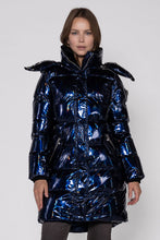 Load image into Gallery viewer, Woodpecker Women&#39;s Penguin Long Winter coat. High-end Canadian designer winter coat for women in &quot;Oily Blue&quot; colour. Woodpecker cruelty-free winter coat designed in Canada. Women&#39;s heavy weight long length premium designer jacket for winter. Superior quality warm winter coat for women. Moose Knuckles, Canada Goose, Mackage, Montcler, Will Poho, Willbird, Nic Bayley. Extra warm. Shiny parka. Stylish winter jacket. Designer winter coat.
