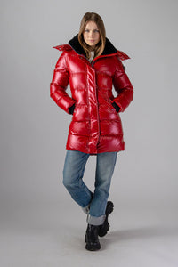 Woodpecker Women's Penguin Long Winter coat. High-end Canadian designer winter coat for women in "Raspberry" colour. Woodpecker cruelty-free winter coat designed in Canada. Women's heavy weight long length premium designer jacket for winter. Superior quality warm winter coat for women. Moose Knuckles, Canada Goose, Mackage, Montcler, Will Poho, Willbird, Nic Bayley. Extra warm. Shiny parka. Stylish winter jacket. Designer winter coat.