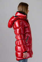 Load image into Gallery viewer, Woodpecker Women&#39;s Penguin Long Winter coat. High-end Canadian designer winter coat for women in &quot;Raspberry&quot; colour. Woodpecker cruelty-free winter coat designed in Canada. Women&#39;s heavy weight long length premium designer jacket for winter. Superior quality warm winter coat for women. Moose Knuckles, Canada Goose, Mackage, Montcler, Will Poho, Willbird, Nic Bayley. Extra warm. Shiny parka. Stylish winter jacket. Designer winter coat.
