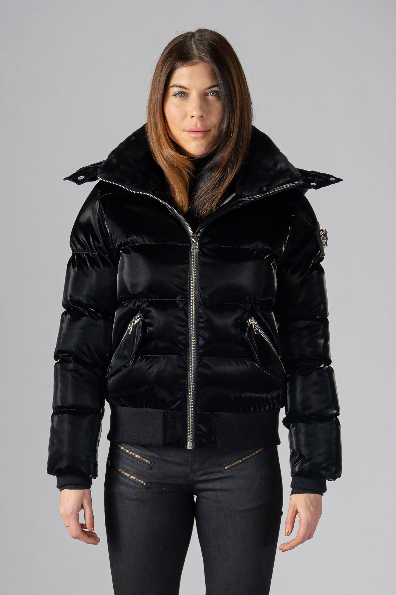 Woodpecker Women's Woody Bomber Winter coat. High-end Canadian designer winter coat for women in shiny “All Wet Black