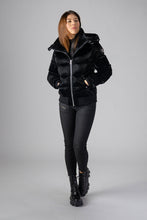 Load image into Gallery viewer, Woodpecker Women&#39;s Woody Bomber Winter coat. High-end Canadian designer winter coat for women in shiny “All Wet Black&quot;. Woodpecker cruelty-free winter coat designed in Canada. Women&#39;s heavy weight short length premium designer jacket for winter. Superior quality warm winter coat for women. Moose Knuckles, Canada Goose, Mackage, Montcler, Will Poho, Willbird, Nic Bayley. Shiny parka. Stylish winter jacket. Designer winter coat.
