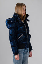 Load image into Gallery viewer, Woodpecker Women&#39;s Woody Bomber Winter coat. High-end Canadian designer winter coat for women in shiny “All Wet Navy&quot;. Woodpecker cruelty-free winter coat designed in Canada. Women&#39;s heavy weight short length premium designer jacket for winter. Superior quality warm winter coat for women. Moose Knuckles, Canada Goose, Mackage, Montcler, Will Poho, Willbird, Nic Bayley. Shiny parka. Stylish winter jacket. Designer winter coat.
