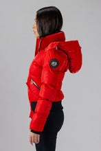 Load image into Gallery viewer, Woodpecker Women&#39;s Woody Bomber Winter coat. High-end Canadian designer winter coat for women in shiny “All Wet Red&quot;. Woodpecker cruelty-free winter coat designed in Canada. Women&#39;s heavy weight short length premium designer jacket for winter. Superior quality warm winter coat for women. Moose Knuckles, Canada Goose, Mackage, Montcler, Will Poho, Willbird, Nic Bayley. Shiny parka. Stylish winter jacket. Designer winter coat.
