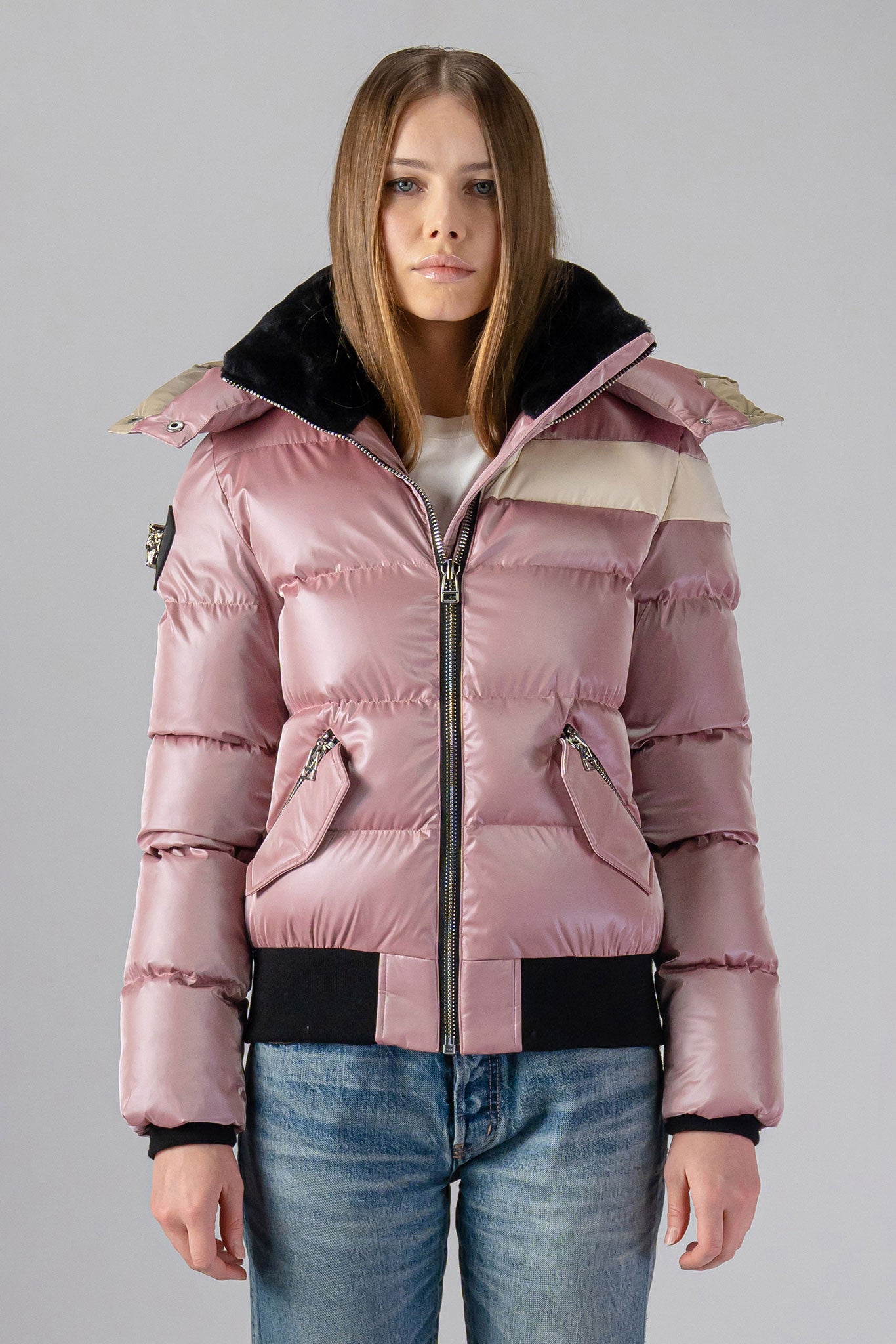 Woodpecker Women's Woody Bomber Winter coat. High-end Canadian designer winter coat for women in “Arctic Rose