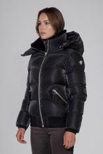 Load image into Gallery viewer, Woodpecker Women&#39;s Woody Bomber Winter coat. High-end Canadian designer winter coat for women in &quot;Black Diamond&quot; colour. Woodpecker cruelty-free winter coat designed in Canada. Women&#39;s heavy weight short length premium designer jacket for winter. Superior quality warm winter coat for women. Moose Knuckles, Canada Goose, Mackage, Montcler, Will Poho, Willbird, Nic Bayley. Shiny parka. Stylish winter jacket. Designer winter coat.
