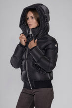 Load image into Gallery viewer, Woodpecker Women&#39;s Woody Bomber Winter coat. High-end Canadian designer winter coat for women in &quot;Black Diamond&quot; colour. Woodpecker cruelty-free winter coat designed in Canada. Women&#39;s heavy weight short length premium designer jacket for winter. Superior quality warm winter coat for women. Moose Knuckles, Canada Goose, Mackage, Montcler, Will Poho, Willbird, Nic Bayley. Shiny parka. Stylish winter jacket. Designer winter coat.
