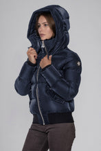 Load image into Gallery viewer, Woodpecker Women&#39;s Woody Bomber Winter coat. High-end Canadian designer winter coat for women in &quot;Blue Diamond&quot; colour. Woodpecker cruelty-free winter coat designed in Canada. Women&#39;s heavy weight short length premium designer jacket for winter. Superior quality warm winter coat for women. Moose Knuckles, Canada Goose, Mackage, Montcler, Will Poho, Willbird, Nic Bayley. Shiny parka. Stylish winter jacket. Designer winter coat.
