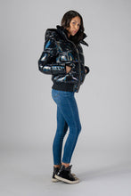 Load image into Gallery viewer, Woodpecker Women&#39;s Woody Bomber Winter coat. High-end Canadian designer winter coat for women in &quot;Oily Black&quot; colour. Woodpecker cruelty-free winter coat designed in Canada. Women&#39;s heavy weight short length premium designer jacket for winter. Superior quality warm winter coat for women. Moose Knuckles, Canada Goose, Mackage, Montcler, Will Poho, Willbird, Nic Bayley. Shiny parka. Stylish winter jacket. Designer winter coat.
