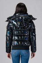 Load image into Gallery viewer, Woodpecker Women&#39;s Woody Bomber Winter coat. High-end Canadian designer winter coat for women in &quot;Oily Black&quot; colour. Woodpecker cruelty-free winter coat designed in Canada. Women&#39;s heavy weight short length premium designer jacket for winter. Superior quality warm winter coat for women. Moose Knuckles, Canada Goose, Mackage, Montcler, Will Poho, Willbird, Nic Bayley. Shiny parka. Stylish winter jacket. Designer winter coat.
