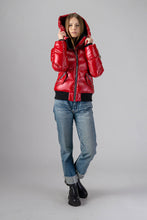 Load image into Gallery viewer, Woodpecker Women&#39;s Woody Bomber Winter coat. High-end Canadian designer winter coat for women in &quot;Raspberry&quot; colour. Woodpecker cruelty-free winter coat designed in Canada. Women&#39;s heavy weight short length premium designer jacket for winter. Superior quality warm winter coat for women. Moose Knuckles, Canada Goose, Mackage, Montcler, Will Poho, Willbird, Nic Bayley. Shiny parka. Stylish winter jacket. Designer winter coat.
