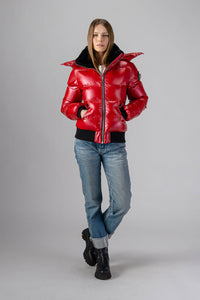 Woodpecker Women's Woody Bomber Winter coat. High-end Canadian designer winter coat for women in "Raspberry" colour. Woodpecker cruelty-free winter coat designed in Canada. Women's heavy weight short length premium designer jacket for winter. Superior quality warm winter coat for women. Moose Knuckles, Canada Goose, Mackage, Montcler, Will Poho, Willbird, Nic Bayley. Shiny parka. Stylish winter jacket. Designer winter coat.