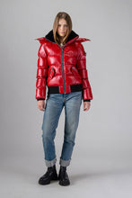Load image into Gallery viewer, Woodpecker Women&#39;s Woody Bomber Winter coat. High-end Canadian designer winter coat for women in &quot;Raspberry&quot; colour. Woodpecker cruelty-free winter coat designed in Canada. Women&#39;s heavy weight short length premium designer jacket for winter. Superior quality warm winter coat for women. Moose Knuckles, Canada Goose, Mackage, Montcler, Will Poho, Willbird, Nic Bayley. Shiny parka. Stylish winter jacket. Designer winter coat.
