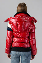 Load image into Gallery viewer, Woodpecker Women&#39;s Woody Bomber Winter coat. High-end Canadian designer winter coat for women in &quot;Red White Blue&quot; colour. Woodpecker cruelty-free winter coat designed in Canada. Women&#39;s heavy weight short length premium designer jacket for winter. Superior quality warm winter coat for women. Moose Knuckles, Canada Goose, Mackage, Montcler, Will Poho, Willbird, Nic Bayley. Shiny parka. Stylish winter jacket. Designer winter coat.
