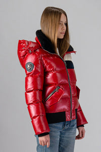 Woodpecker Women's Woody Bomber Winter coat. High-end Canadian designer winter coat for women in "Red White Blue" colour. Woodpecker cruelty-free winter coat designed in Canada. Women's heavy weight short length premium designer jacket for winter. Superior quality warm winter coat for women. Moose Knuckles, Canada Goose, Mackage, Montcler, Will Poho, Willbird, Nic Bayley. Shiny parka. Stylish winter jacket. Designer winter coat.