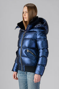 Woodpecker Women's Woody Bomber Winter coat. High-end Canadian designer winter coat for women in "Sapphire" colour. Woodpecker cruelty-free winter coat designed in Canada. Women's heavy weight short length premium designer jacket for winter. Superior quality warm winter coat for women. Moose Knuckles, Canada Goose, Mackage, Montcler, Will Poho, Willbird, Nic Bayley. Shiny parka. Stylish winter jacket. Designer winter coat.