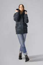 Load image into Gallery viewer, Woodpecker Women&#39;s Bumnester Winter coat. High-end Canadian designer winter coat for women in shiny &quot;Black Diamond&quot; colour. Woodpecker cruelty-free winter coat designed in Canada. Women&#39;s heavy weight medium length premium designer jacket for winter. Superior quality warm winter coat for women. Moose Knuckles, Canada Goose, Mackage, Montcler, Will Poho, Willbird, Nic Bayley. Extra warm. Shiny parka. Stylish winter jacket. Designer winter coat.
