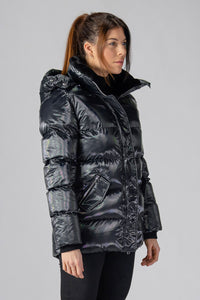 Woodpecker Women's Bumnester Winter coat. High-end Canadian designer winter coat for women in "Oily Black" colour. Woodpecker cruelty-free winter coat designed in Canada. Women's heavy weight medium length premium designer jacket for winter. Superior quality warm winter coat for women. Moose Knuckles, Canada Goose, Mackage, Montcler, Will Poho, Willbird, Nic Bayley. Extra warm. Shiny parka. Stylish winter jacket. Designer winter coat.