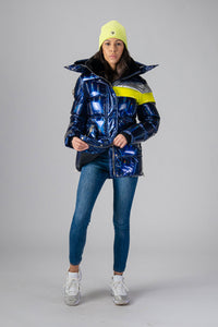 Woodpecker Women's Bumnester Winter coat. High-end Canadian designer winter coat for women in shiny "Sapphire/Silver/Neon" colour. Woodpecker cruelty-free winter coat designed in Canada. Women's heavy weight medium length premium designer jacket for winter. Superior quality warm winter coat for women. Moose Knuckles, Canada Goose, Mackage, Montcler, Will Poho, Willbird, Nic Bayley. Extra warm. Shiny parka. Stylish winter jacket. Designer winter coat.