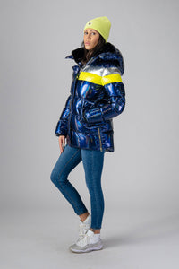 Woodpecker Women's Bumnester Winter coat. High-end Canadian designer winter coat for women in shiny "Sapphire/Silver/Neon" colour. Woodpecker cruelty-free winter coat designed in Canada. Women's heavy weight medium length premium designer jacket for winter. Superior quality warm winter coat for women. Moose Knuckles, Canada Goose, Mackage, Montcler, Will Poho, Willbird, Nic Bayley. Extra warm. Shiny parka. Stylish winter jacket. Designer winter coat.