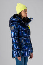 Load image into Gallery viewer, Woodpecker Women&#39;s Bumnester Winter coat. High-end Canadian designer winter coat for women in shiny &quot;Sapphire/Silver/Neon&quot; colour. Woodpecker cruelty-free winter coat designed in Canada. Women&#39;s heavy weight medium length premium designer jacket for winter. Superior quality warm winter coat for women. Moose Knuckles, Canada Goose, Mackage, Montcler, Will Poho, Willbird, Nic Bayley. Extra warm. Shiny parka. Stylish winter jacket. Designer winter coat.
