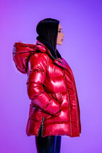 Load image into Gallery viewer, Woodpecker Women&#39;s Bumnester Winter coat. High-end Canadian designer winter coat for women in shiny &quot;Raspberry&quot; colour. Woodpecker cruelty-free winter coat designed in Canada. Women&#39;s heavy weight medium length premium designer jacket for winter. Superior quality warm winter coat for women. Moose Knuckles, Canada Goose, Mackage, Montcler, Will Poho, Willbird, Nic Bayley. Extra warm. Shiny parka. Stylish winter jacket. Designer winter coat.
