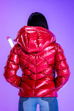 Load image into Gallery viewer, Woodpecker Women&#39;s Robin Winter coat. High-end Canadian designer winter coat for women in &quot;Raspberry&quot; colour. Woodpecker cruelty-free winter coat designed in Canada. Women&#39;s medium weight medium length premium designer jacket for winter. Superior quality warm winter coat for women. Moose Knuckles, Canada Goose, Mackage, Montcler, Will Poho, Willbird, Nic Bayley. Extra warm. Shiny parka. Stylish winter jacket. Designer winter coat.
