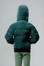 Load image into Gallery viewer, Woodpecker Kids&#39; Chickadee Winter coat. High-end Canadian designer winter coat for Kids in &quot;Green Diamond&quot; colour. Woodpecker cruelty-free winter coat designed in Canada. Kids&#39; heavy weight short length premium designer jacket for winter. Superior quality warm winter coat for kids. Moose Knuckles, Canada Goose, Mackage, Montcler, Will Poho, Willbird, Nic Bayley. Extra warm. Shiny parka. Stylish winter jacket. Designer winter coat.
