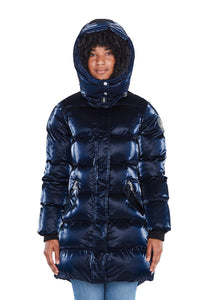 High-end Canadian designer winter coat for women in shiny &quot;all-wet&quot; navy blue colour. Woodpecker vegan winter coat designed in Canada. Women's heavy weight long length premium designer jacket for winter. Superior quality warm winter coat for women.