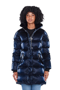 High-end Canadian designer winter coat for women in shiny &quot;all-wet&quot; navy blue colour. Woodpecker vegan winter coat designed in Canada. Women's heavy weight long length premium designer jacket for winter. Superior quality warm winter coat for women.