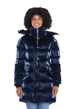 Load image into Gallery viewer, High-end Canadian designer winter coat for women in shiny &quot;all-wet&quot; navy blue colour. Woodpecker vegan winter coat designed in Canada. Women&#39;s heavy weight long length premium designer jacket for winter. Superior quality warm winter coat for women.
