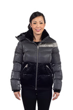 Load image into Gallery viewer, High-end Canadian designer winter coat for women in shiny &quot;magnum&quot; grey colour. Woodpecker vegan winter coat designed in Canada. Women&#39;s heavy weight short length premium designer jacket for winter. Superior quality warm winter coat for women.
