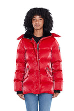Load image into Gallery viewer, High-end Canadian designer winter coat for women in shiny &quot;all-wet&quot; red colour. Woodpecker vegan winter coat designed in Canada. Women&#39;s heavy weight medium length premium designer jacket for winter. Superior quality warm winter coat for women.
